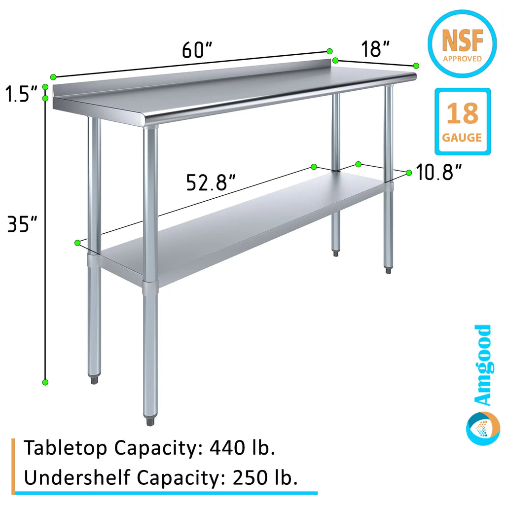 AmGood 18" X 60" Corrosion-free Metal Work Table with 1.5" Backsplash | Metal Kitchen Food Prep Table | NSF