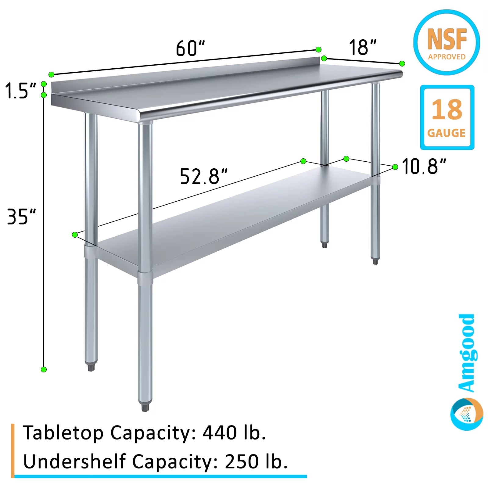 AmGood 18" X 60" Corrosion-free Metal Work Table with 1.5" Backsplash | Metal Kitchen Food Prep Table | NSF