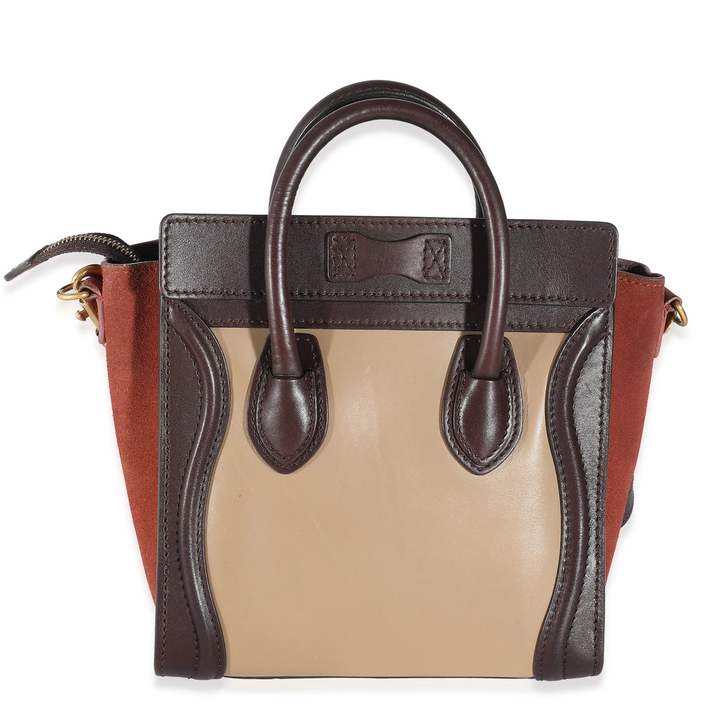 Celine Burgundy Beige Brown Tri-Colour Suede Leather Nano Luggage Secondhand