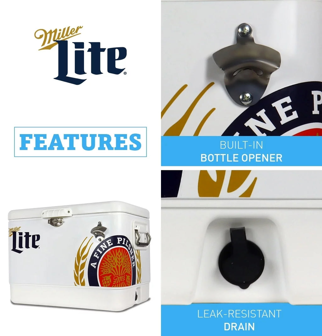 Miller Lite Ice Chest Beverage Cooler with Bottle Opener, 51L (54 QT), 85 Can Metal-belted Portable Cooler, White and Blue, for Camping, Beach, RV, BBQs, Tailgating, Fishing