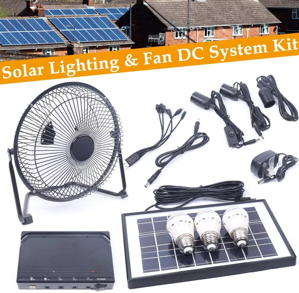 MONIPA Portable Solar Powered Panel+Fan+3x1W 12V Bulbs 8 inch Solar Powered Fan, with Adapter for Ventilation Caravan Camping Home Office Outdoor Traveling Fishing
