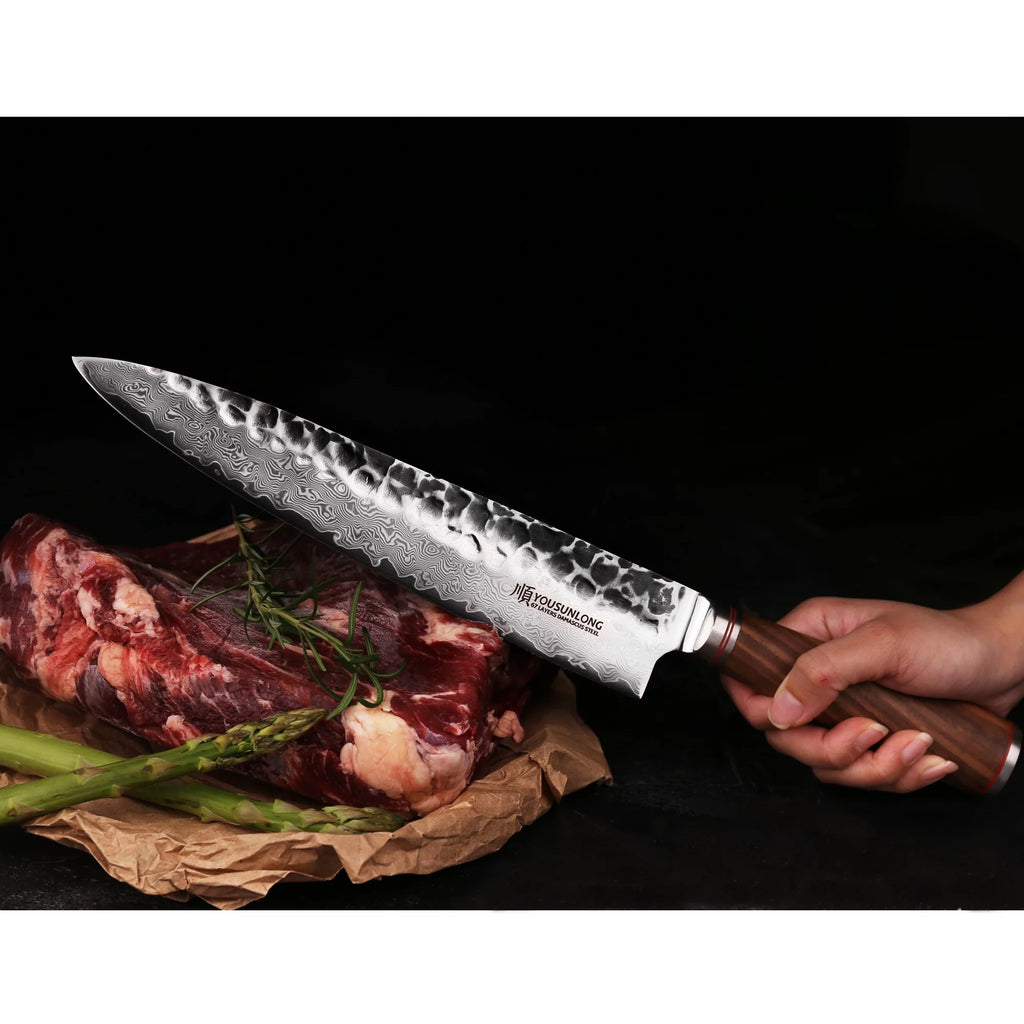 YOUSUNLONG Chef Knife 12 inch - Pro Gyuto Japanese Hammered Damascus Metal Natural Walnut Wooden Handle with Leather Sheath