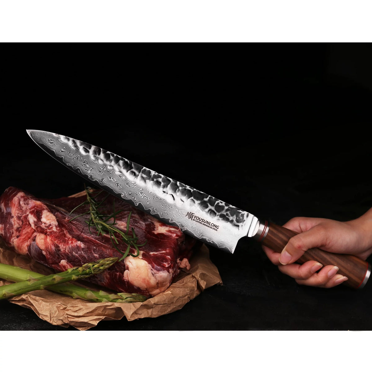 YOUSUNLONG Chef Knife 12 inch - Pro Gyuto Japanese Hammered Damascus Metal Natural Walnut Wooden Handle with Leather Sheath