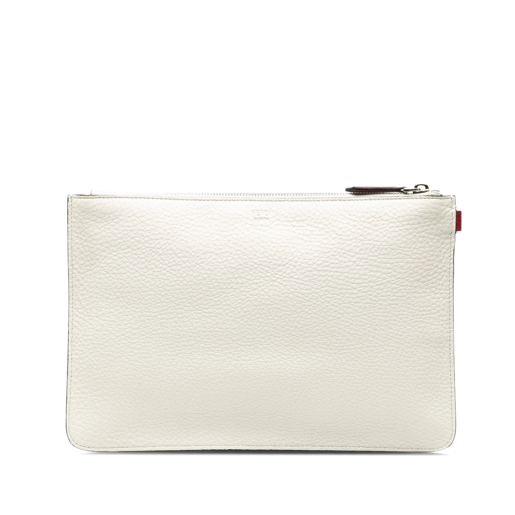 Previously Owned Authenticated Fendi Roma Playing Cards Zip Clutch Calf Leather White Clutch Bag WristletBag Unisex (Good)
