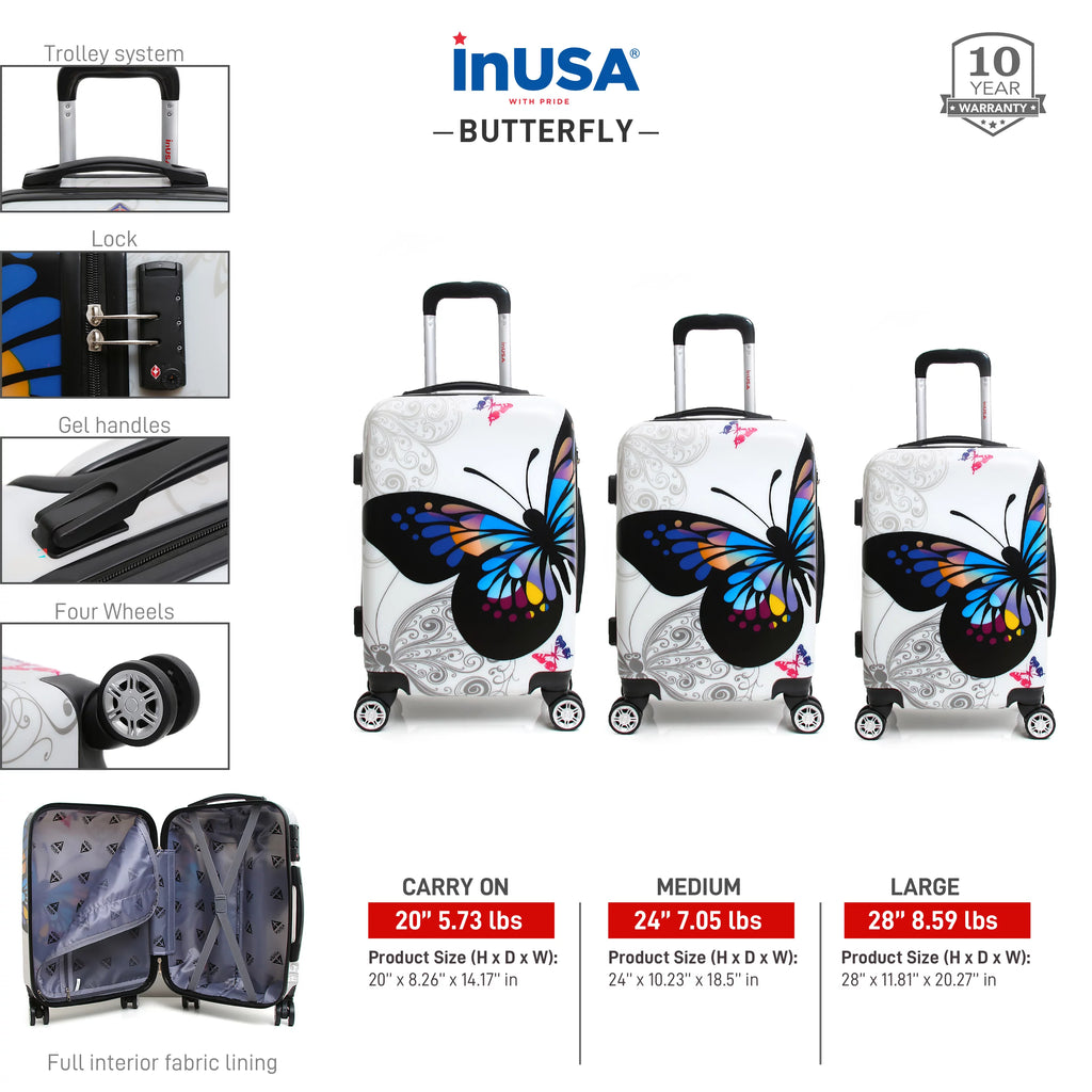 InUSA Print 3-Piece Hardside Luggage Sets with Spinner Wheels, Handle, Trolley, (20"/24"/28"), Butterfly