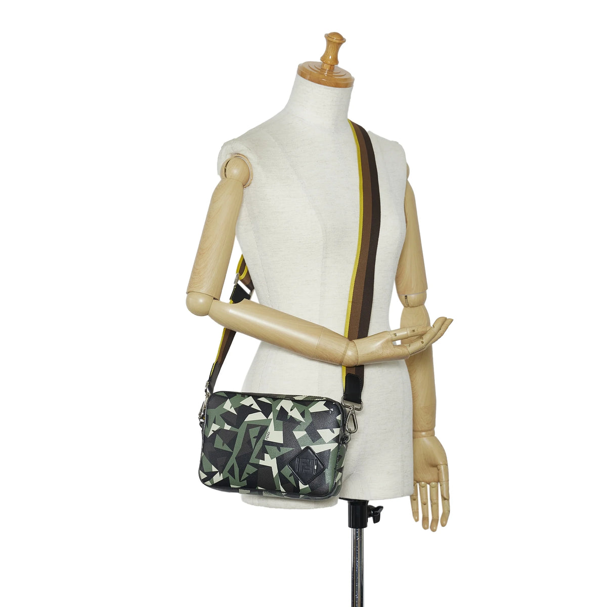 Previously Owned Authenticated Fendi Monster Eyes Camouflage Camera Bag Calf Leather Green Crossbody Bag Unisex (Good)