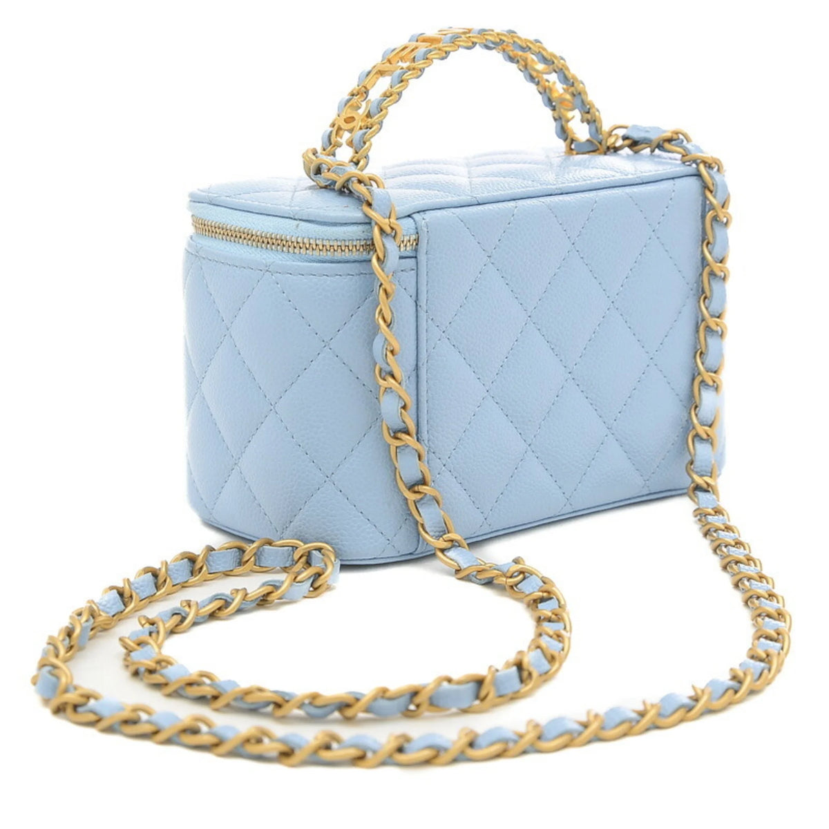 Previously Owned Chanel Logo Handle Vanity Shoulder Bag Caviar Skin Blue Gold Hardware AP2805 (Good)
