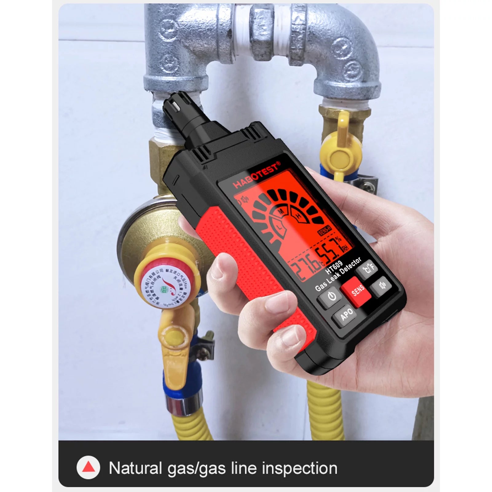 HABOTEST HT609 Gas Leak Detector Combustible Gas Detector with LCD Display Audible and Visual Alarm Ambient Temperature and Humidity Methane Natural Gas Hydrogen Detector