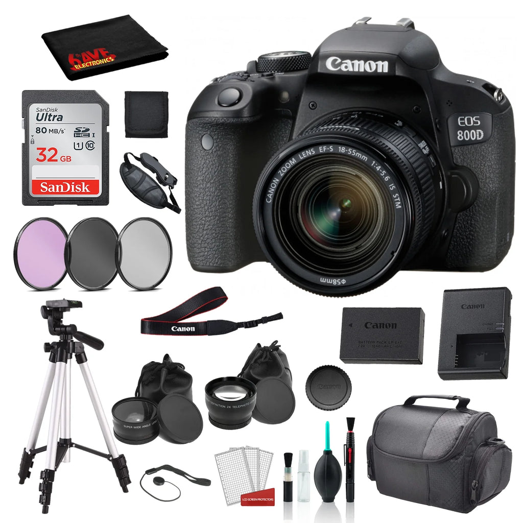 Canon EOS 800D (Rebel T7i) 18-55mm IS STM Lens  Bundle  SanDisk 32gb SD Card + 3PC Filter Kit