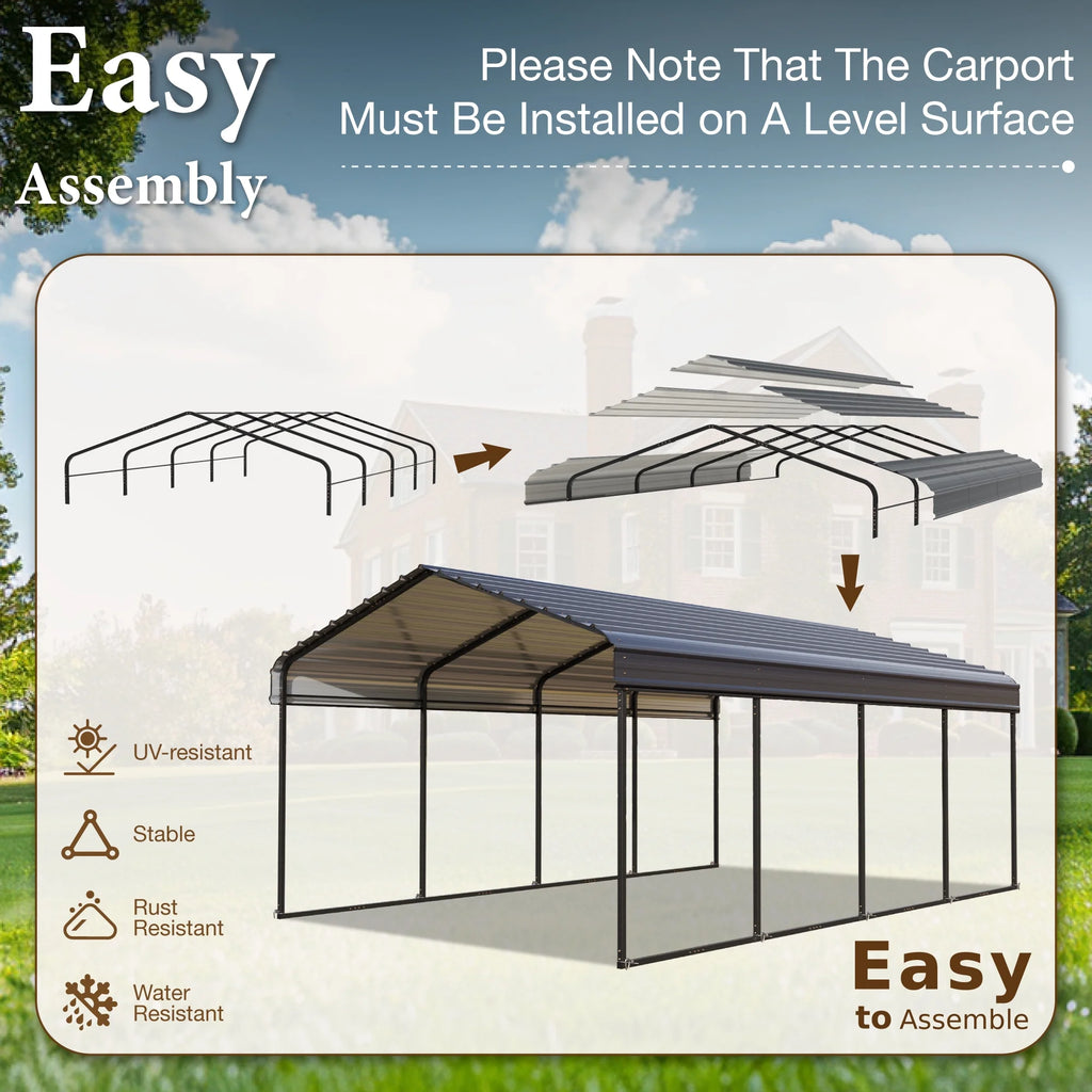 Summit Living 12 x 20 ft Metal Carport with Galvanized Metal Roof, Heavy-Duty Garage Car Storage Shelter, Gray