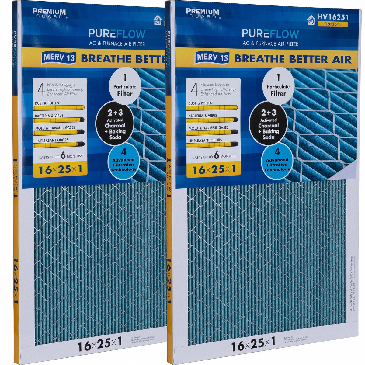 PureFlow, Home Furnace Air Filter 16x25x1, with 4 Layers of Advanced Filtration Technology, MERV-13 Pack-of-2