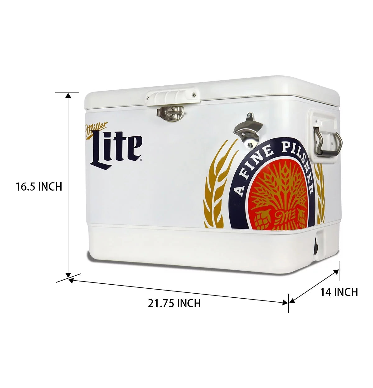Miller Lite Ice Chest Beverage Cooler with Bottle Opener, 51L (54 QT), 85 Can Metal-belted Portable Cooler, White and Blue, for Camping, Beach, RV, BBQs, Tailgating, Fishing
