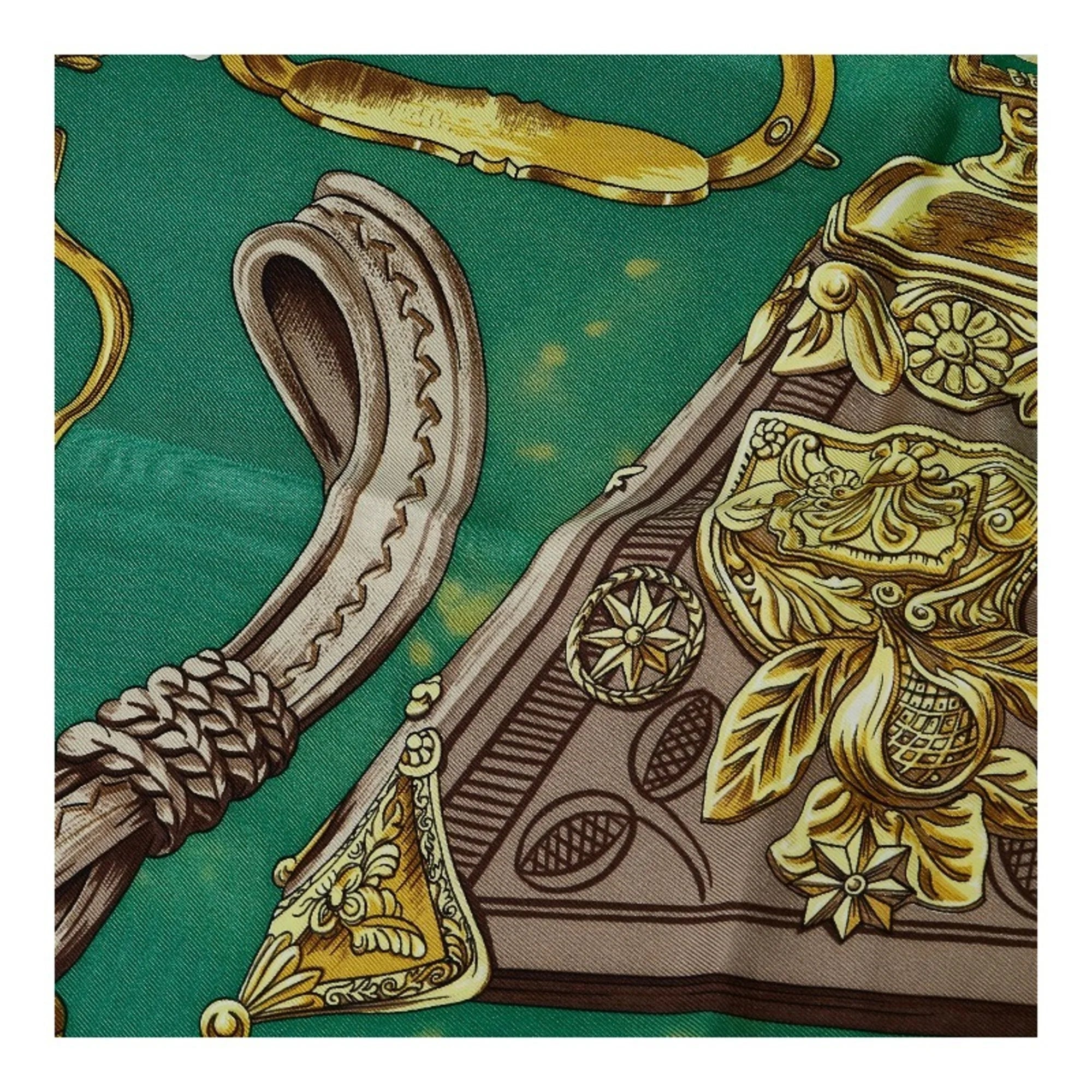 Secondhand Hermes Carre 90 ETRIERS Stirrup Pattern Horse Tack Scarf Muffler Green Multicolor Silk Ladies HERMES (Fair)