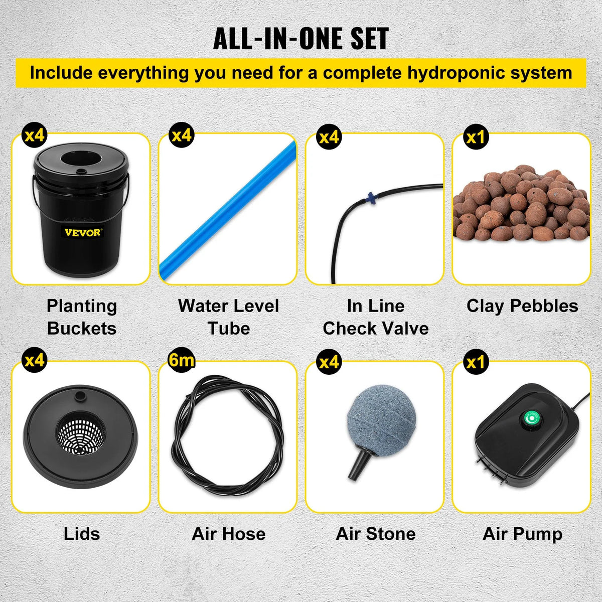 VEVOR DWC Hydroponic Grow Kit, 5-Gallon, 4-Bucket System with Pump, Air Stone & Water Level Indicator for Indoor/Outdoor Leafy Vegetables