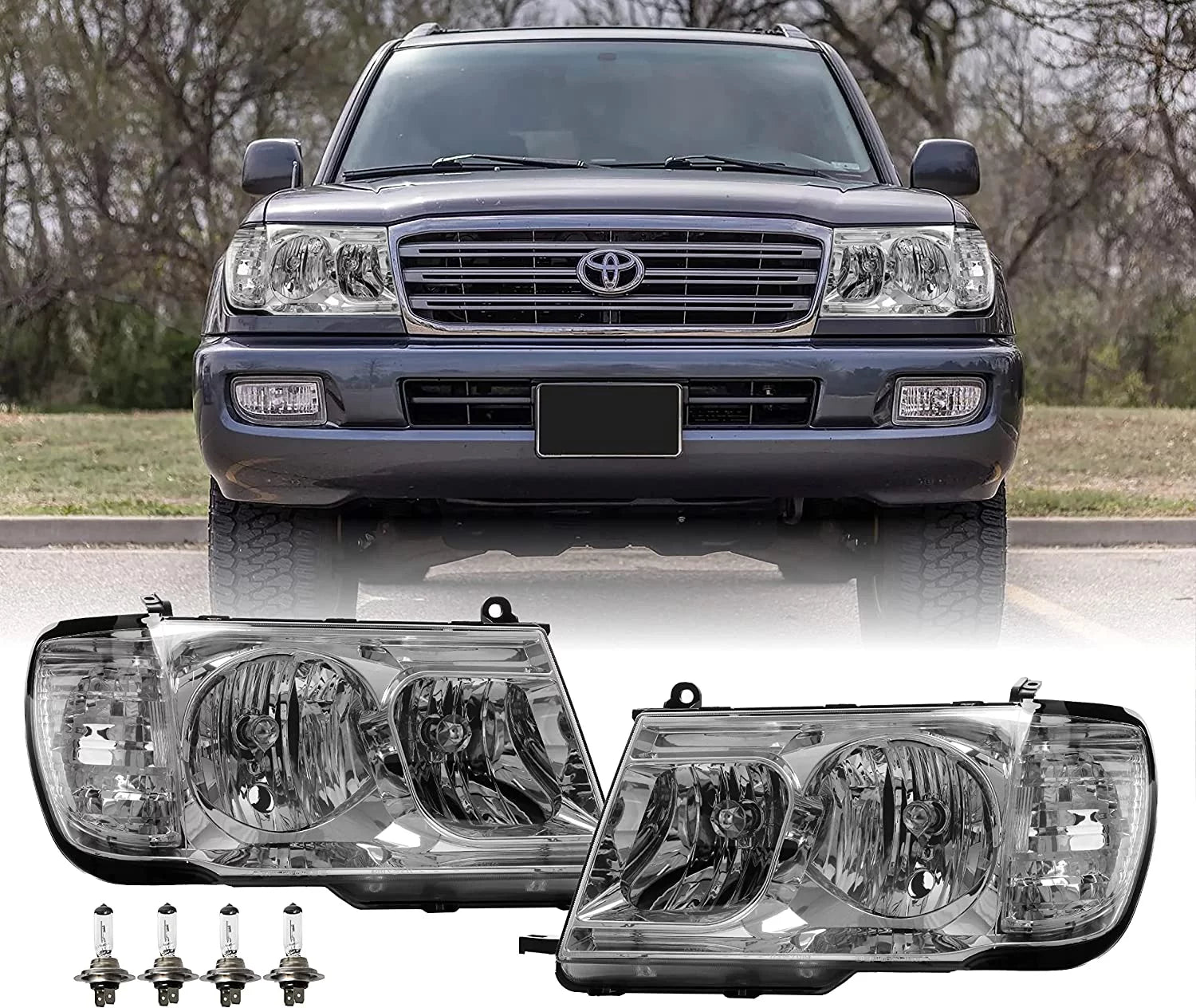 USR DEPO FJ100 Headlights - Headlamps Set (Left + Right) Compatible with 1998-2005 Toyota Land Cruiser FJ 100 (Euro Style with Clear Corner ONE Piece Design)