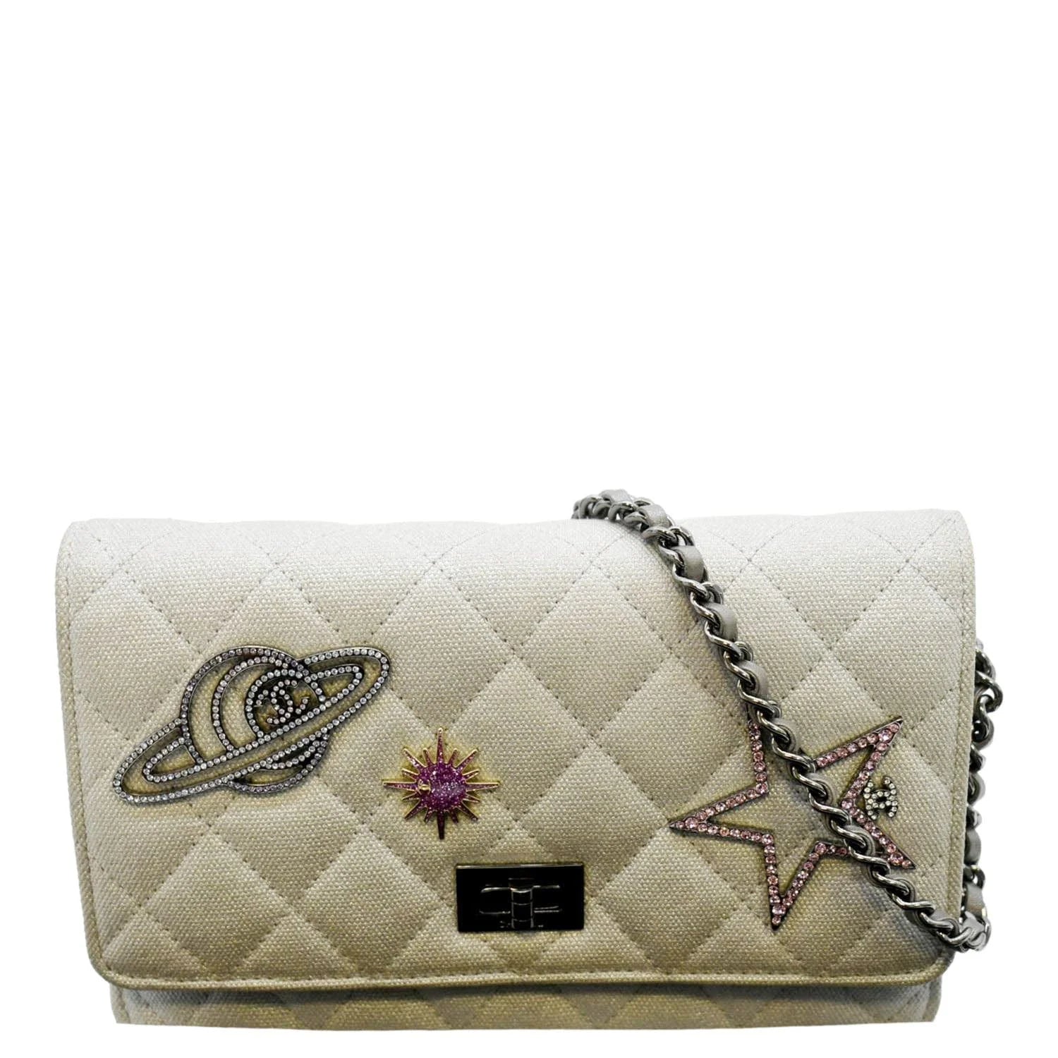Previously Owned CHANEL Classic 2.55 Reissue Space Charm Quilted Canvas WOC Crossbody Bag Light Grey