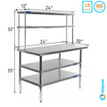 30" x 24" Corrosion-free Metal Work Table With Two Shelves | 12" Wide Double Tier Overshelf | Metal Kitchen Prep Table & Shelving Combo