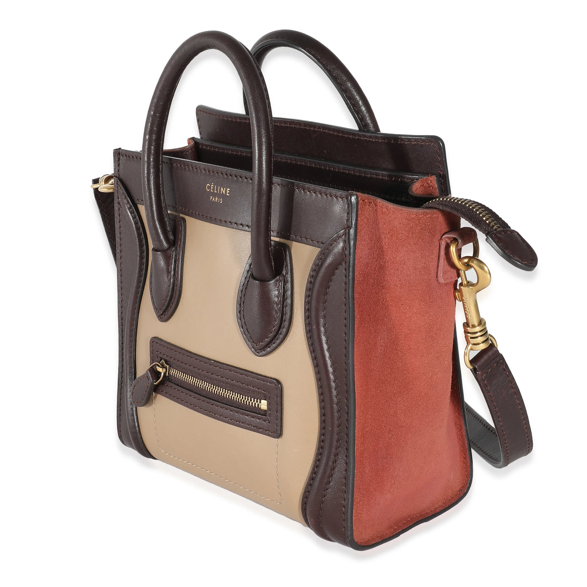 Celine Burgundy Beige Brown Tri-Colour Suede Leather Nano Luggage Secondhand