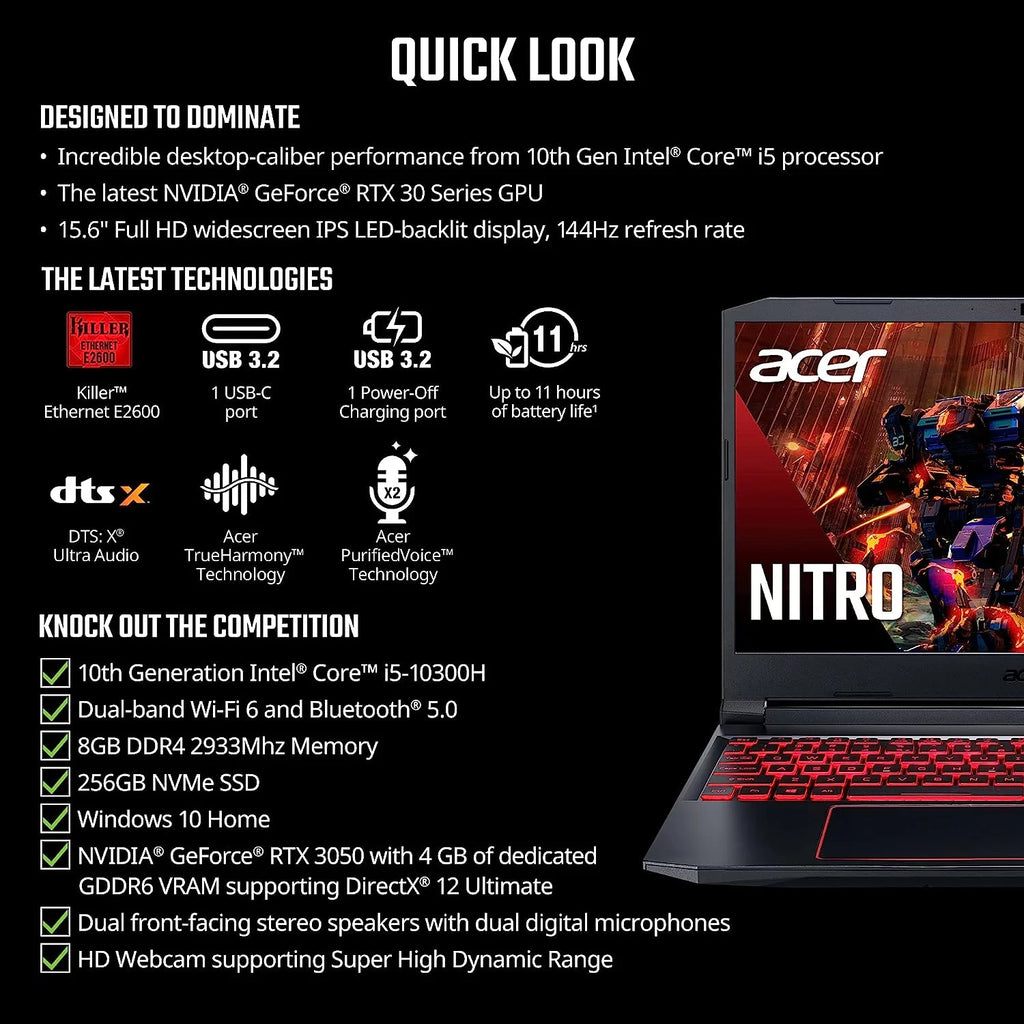 Acer Nitro 5 15.6-Inch 144hz IPS Gaming Laptop + High Quality 6ft HDMI Cable + LCD Screen Cleaner + Wired Stereo Gaming Headset + Gaming Controller- Carbon Black