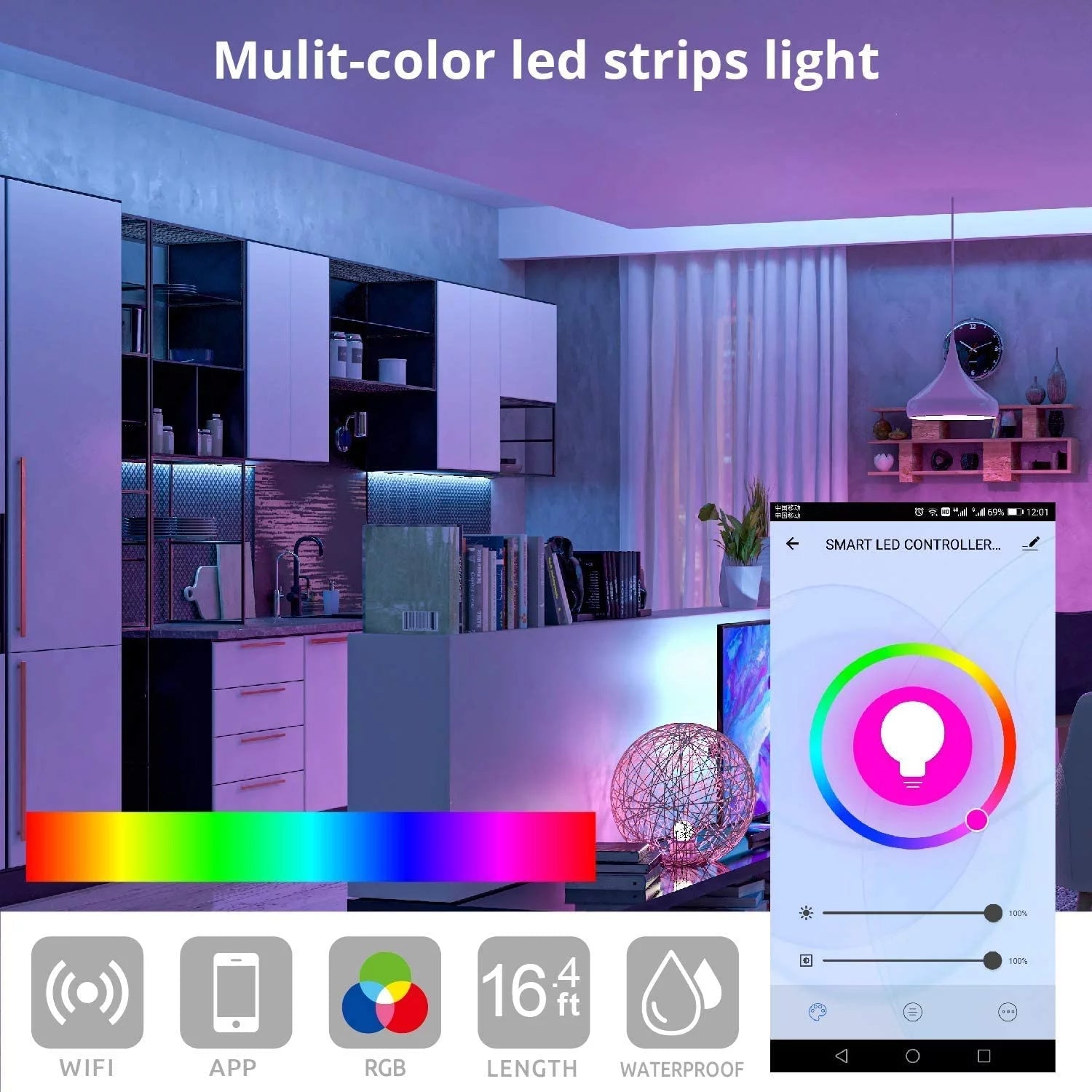WBM Smart LED Color Changing  Strip Light For Bedroom, App Remote Control, 32.8 Ft