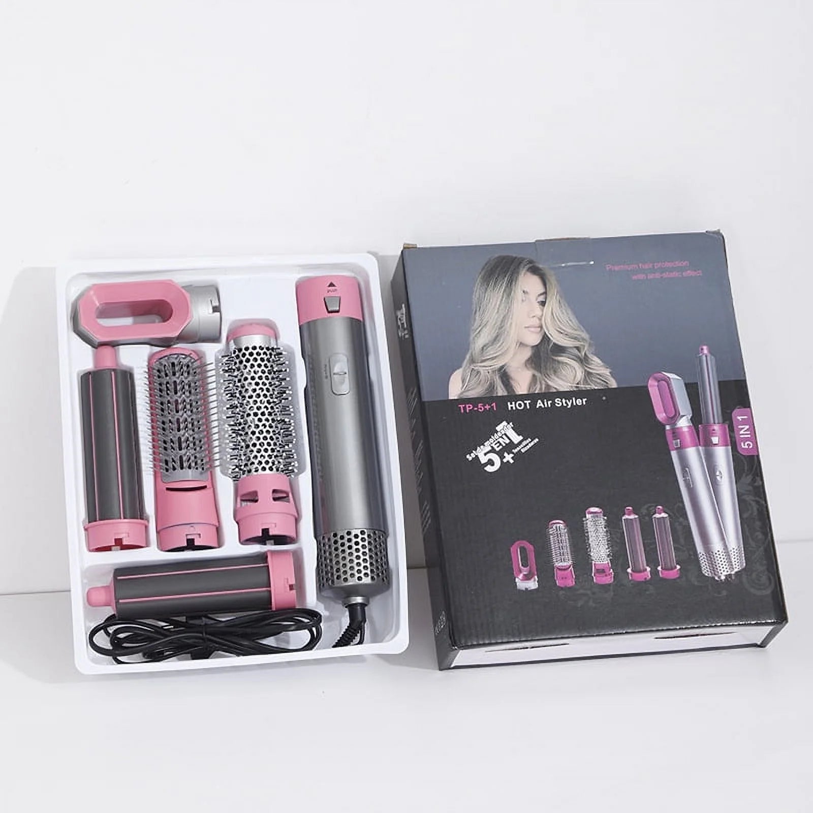 5-in-1 Electric Hair Dryer Brush - Negative Ionic Hair Styler with Detachable Brush Heads - Blow Dryer Brush for Straightening and Automatic Curling Styling, Color: Pink