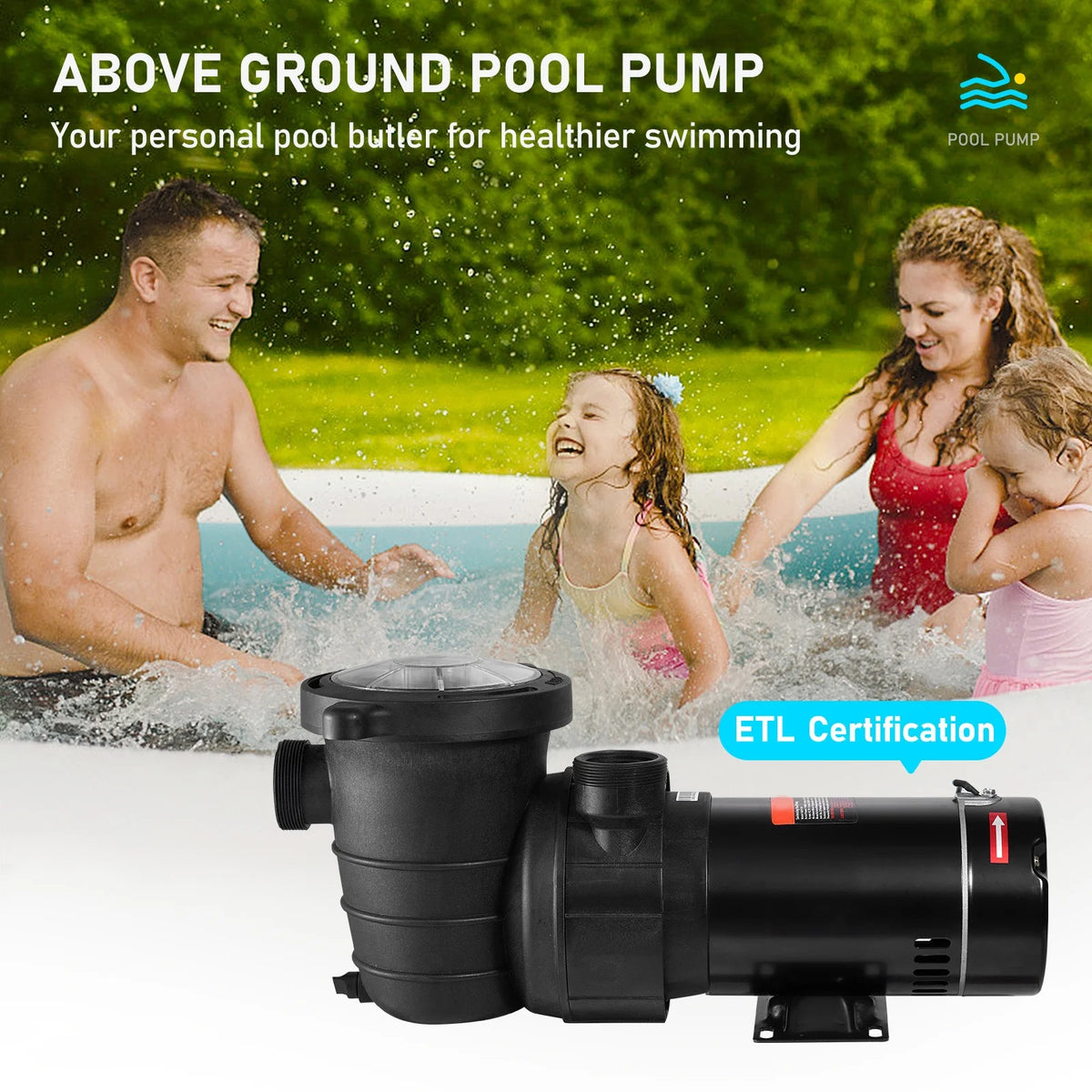 SKYSHALO Swimming Pool Pump, 1.5 HP 115 V, 1100 W Single Speed Pump for In/ Above Ground Pool w/ Strainer Basket, 5280 GPH Max. Flow, Certification of ETL for Security
