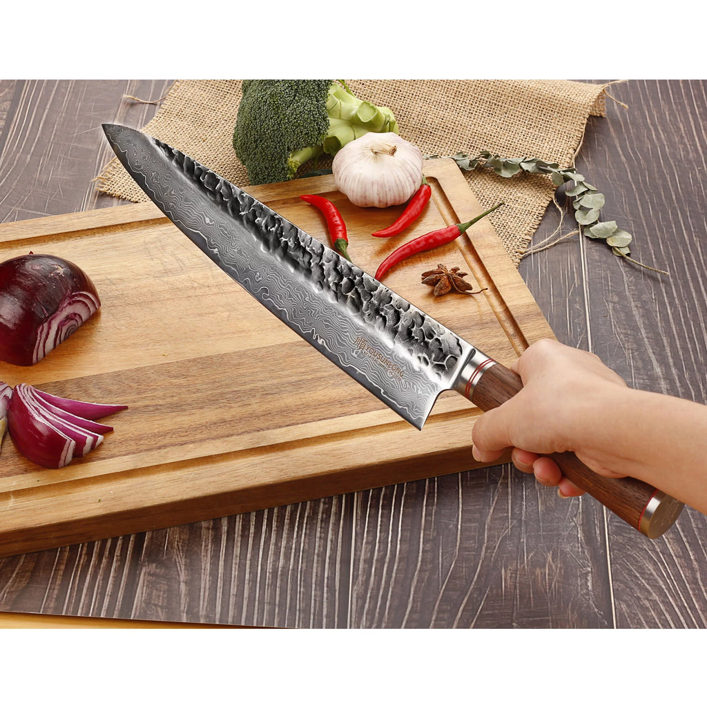 YOUSUNLONG Chef Knife 12 inch - Pro Gyuto Japanese Hammered Damascus Metal Natural Walnut Wooden Handle with Leather Sheath