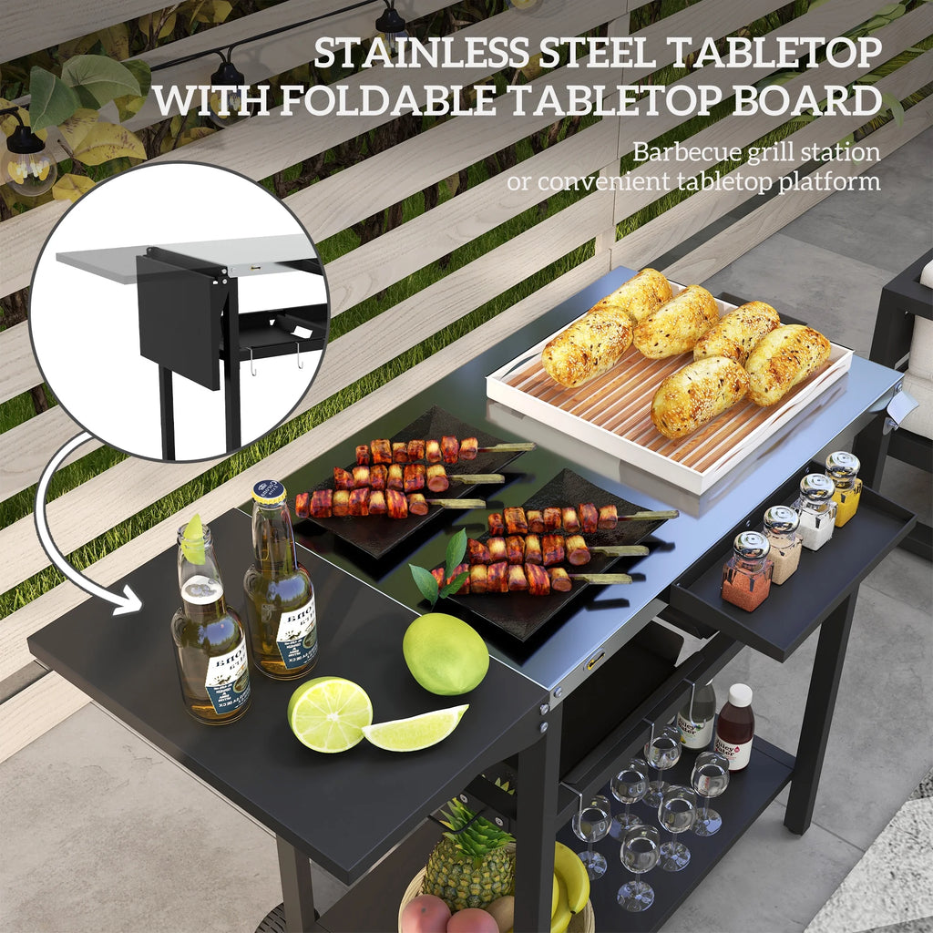 Outdoor Bar Cart with Rust-resistant Alloy Tabletop, Kitchen Island with Wheels, 2 Tiers & Seasoning Shelf, Patio Serving Cart with Hooks, Towel & Garbage Bag Holder, Plates & Spice Jars, Black