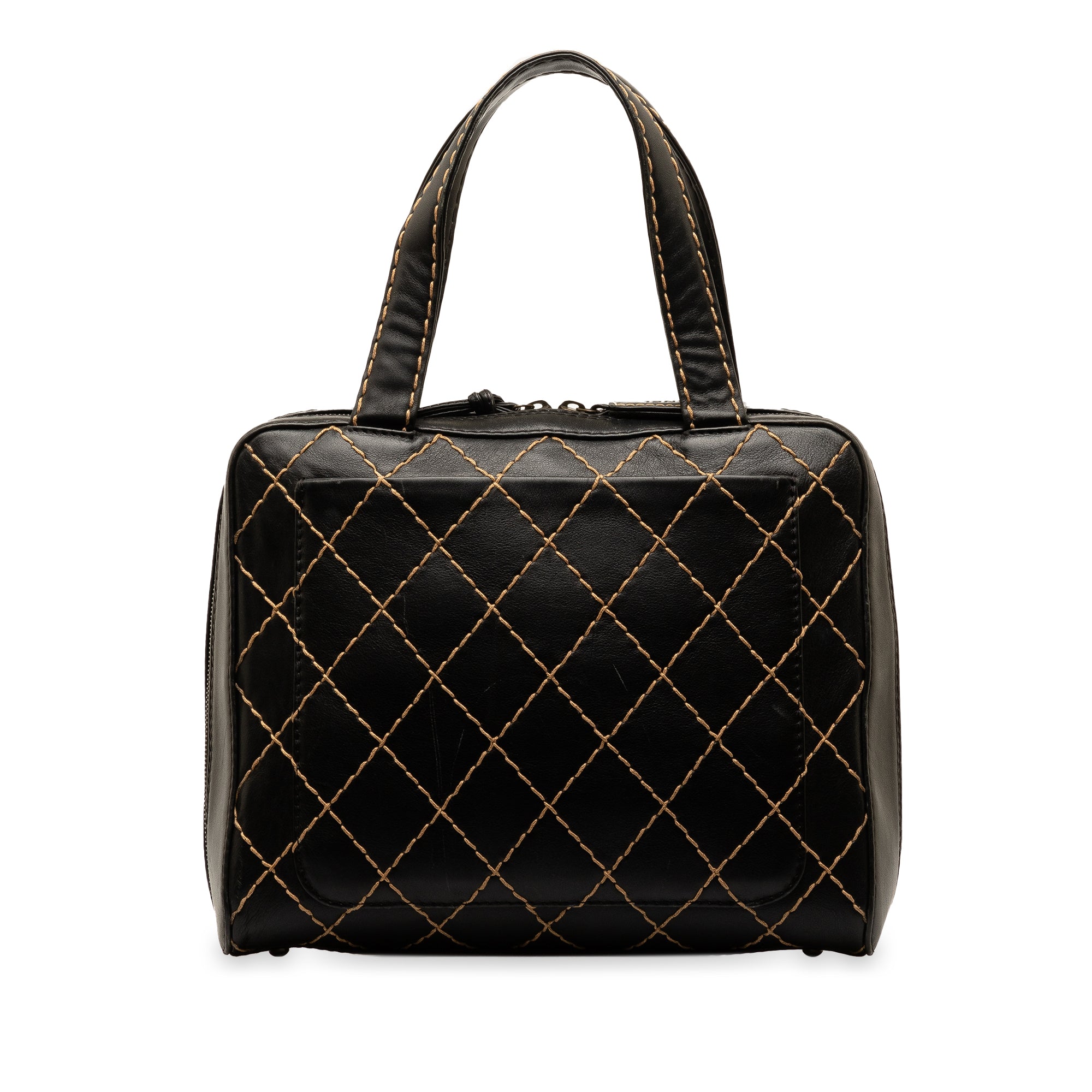 Used Authenticated Chanel CC Wild Stitch Handbag Lambskin Leather Black Top HandleBag Unisex (Good)