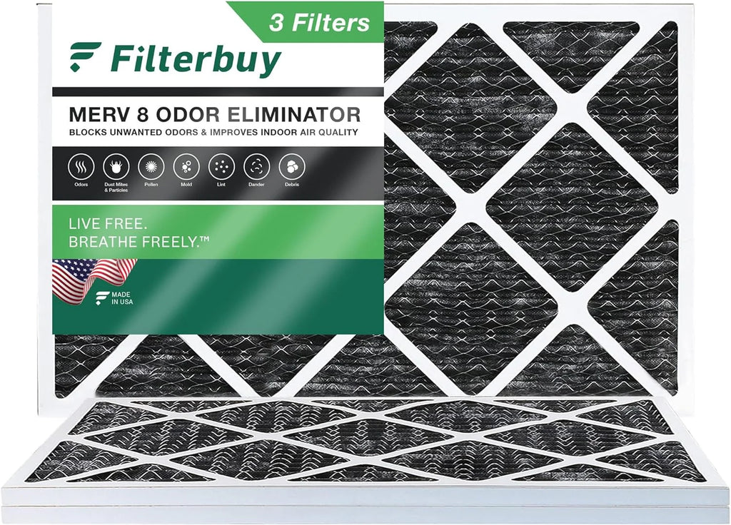 Filterbuy 10x24x1 MERV 8 Odor Eliminator Pleated HVAC AC Furnace Air Filters with Activated Carbon (3-Pack)