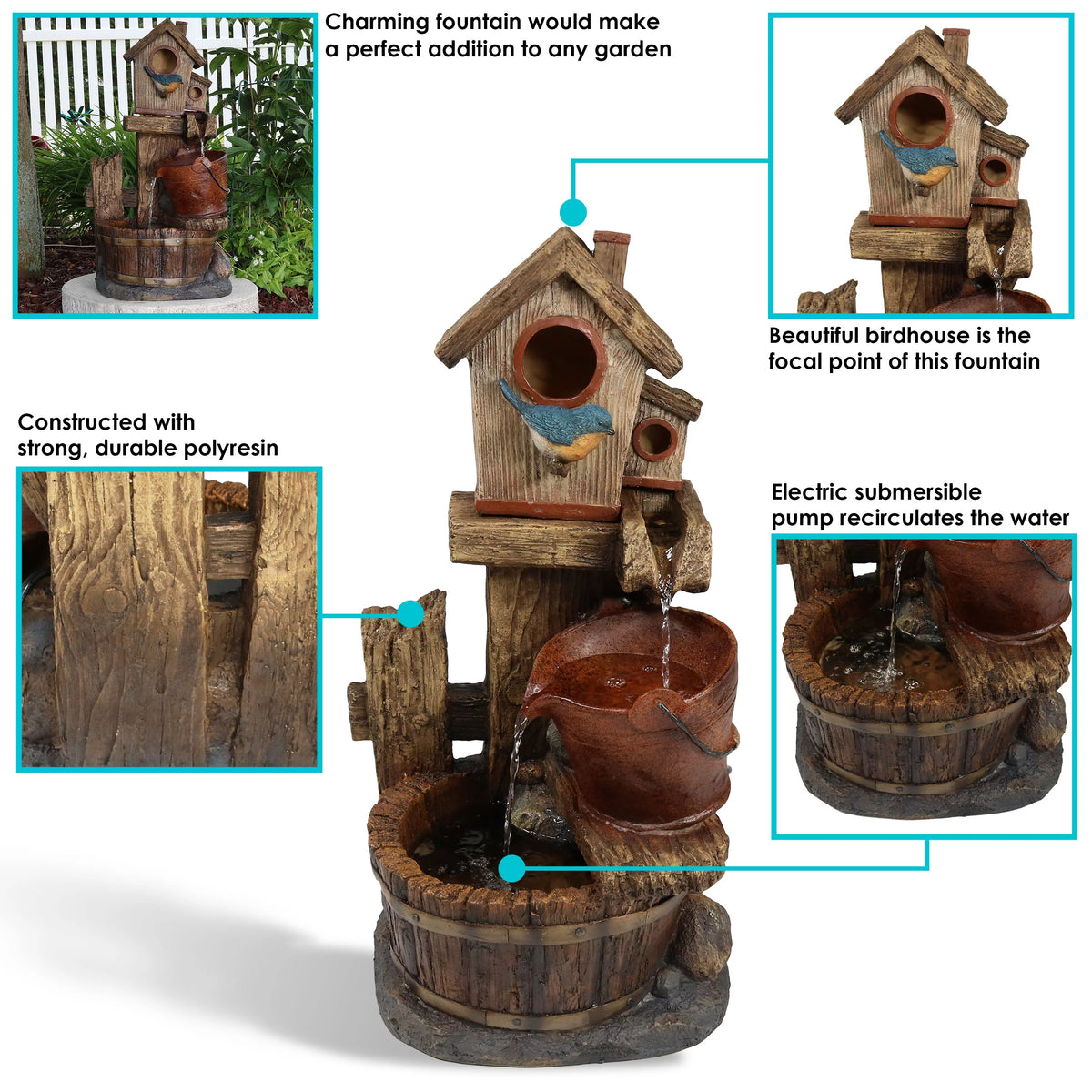 Sunnydaze Bluebird House and Buckets Outdoor Fountain - 26"