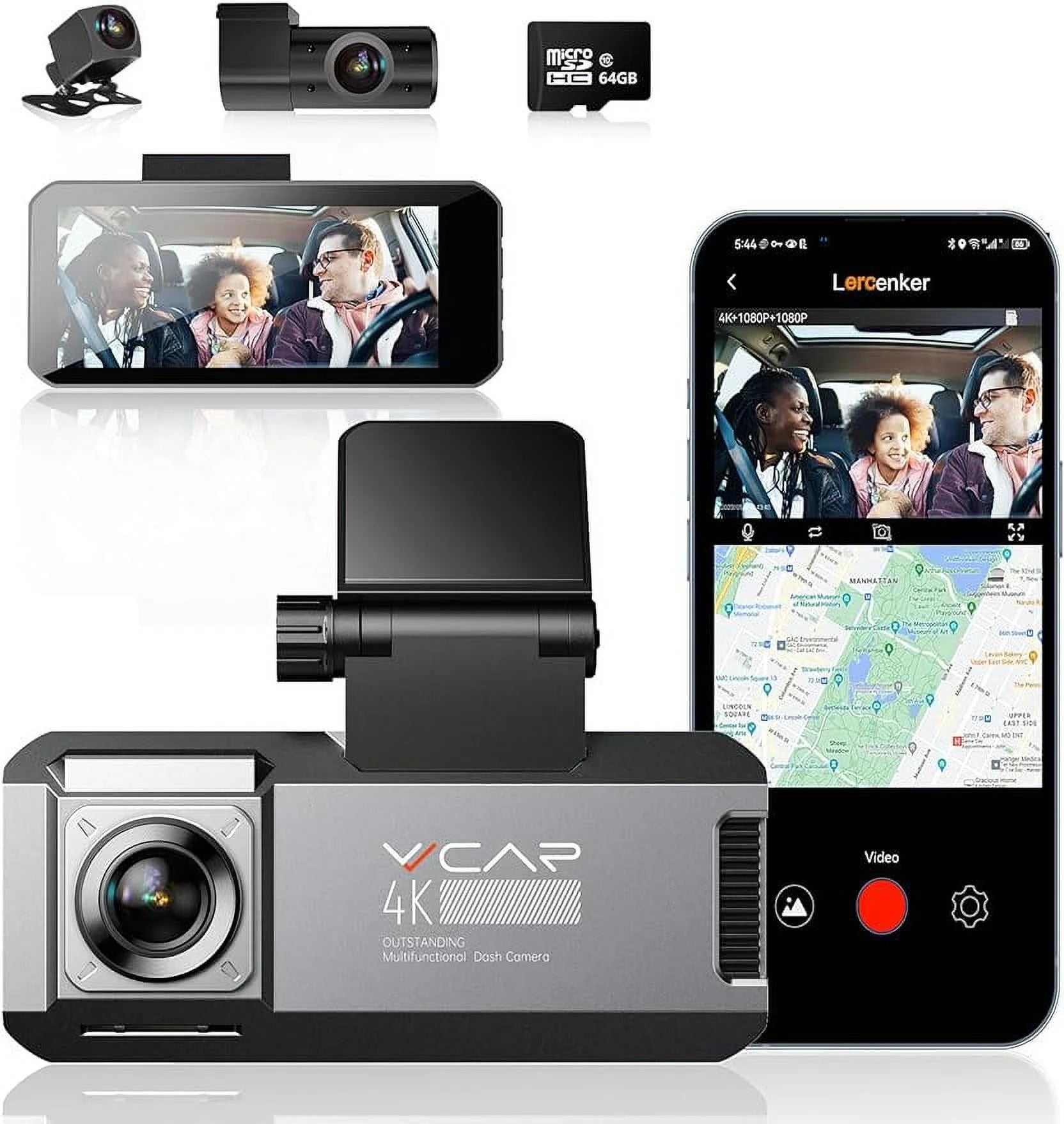 VVCAR R39 3 Channel 5K Dash Cam WiFi GPS with 64GB Card 3.99" IPS Front Inside Rear Car Dashboard Camera Recorder Parking Mode