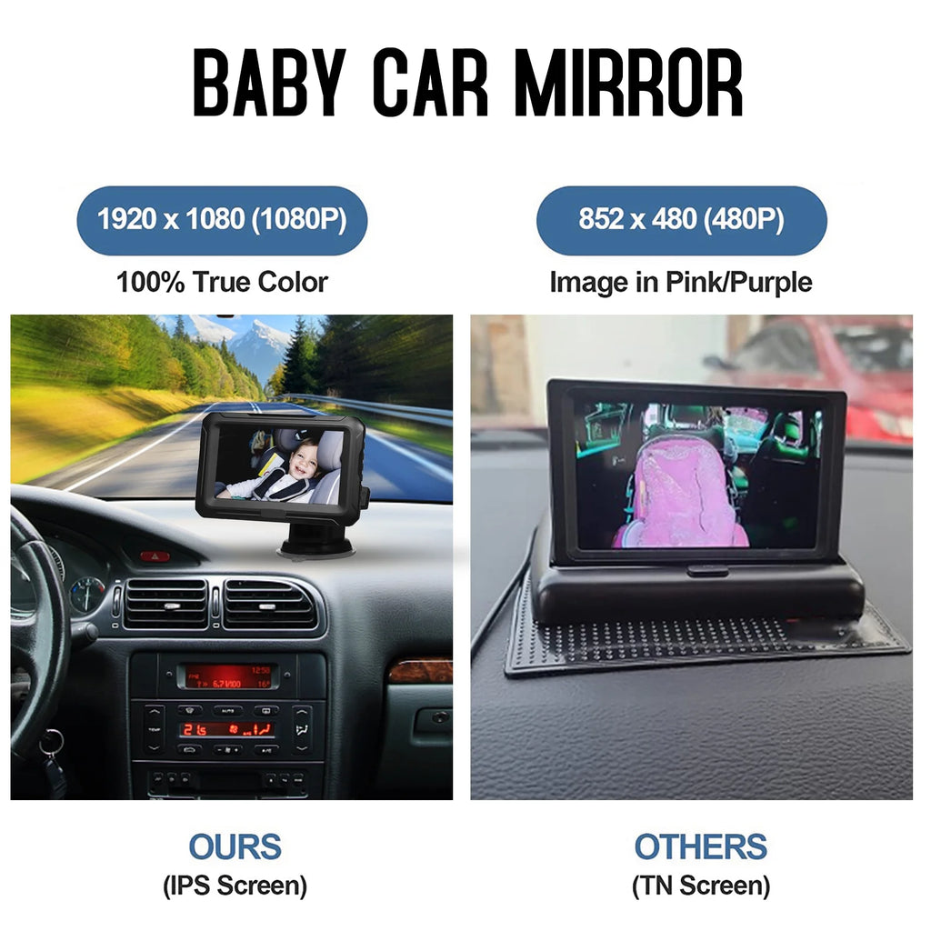 Shinysix Baby Car Mirror, 1080P Baby Monitor with Camera Baby Car Mirror with 4.3'' IPS Screen Night Vision Function Adjustable Wide View Angle for Infants Kids Pets