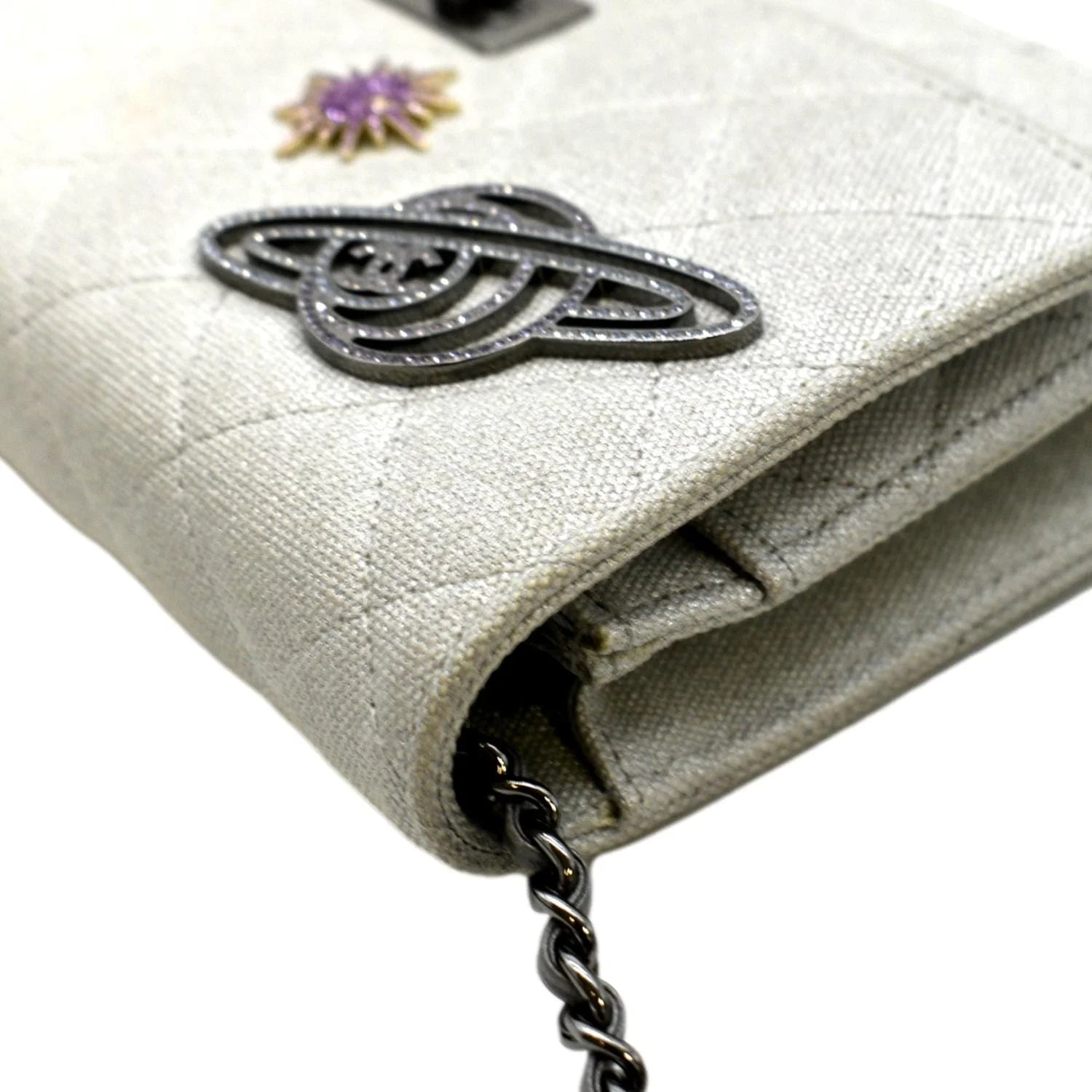 Previously Owned CHANEL Classic 2.55 Reissue Space Charm Quilted Canvas WOC Crossbody Bag Light Grey
