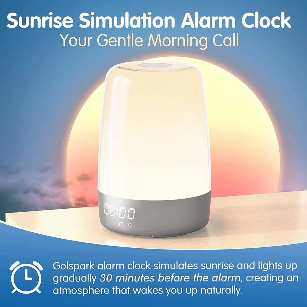 Sunrise Simulation Alarm Clock Wake Up Light for Heavy Sleepers Adults, Dimmable Sun Lamp Kid Bedroom Nursery Bedside Night Light Sleep Aid, 7 RGB Lights, 7 Natural Sound Alarms, Snooze Timer