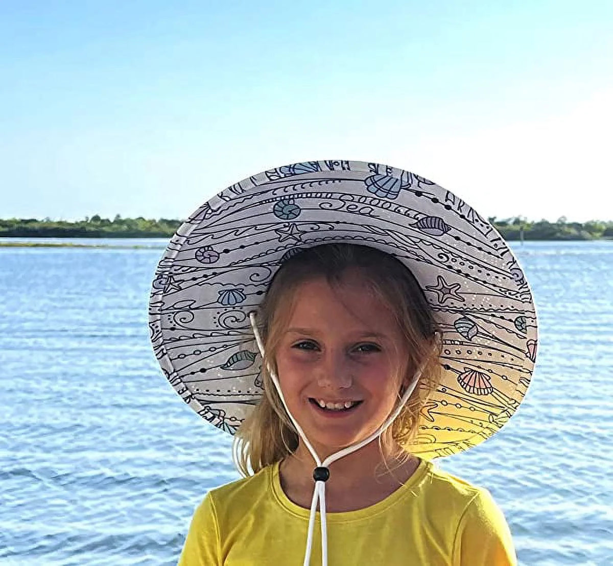 Shells Kids Fabric Pattern Print Straw Children's Sunhat, Boy & Girl, Ages 3+, Lifeguard Hat, Beach, Swim, Cruise, Paddle Board, Boat, Fishing, Fits All, Malabar Hat