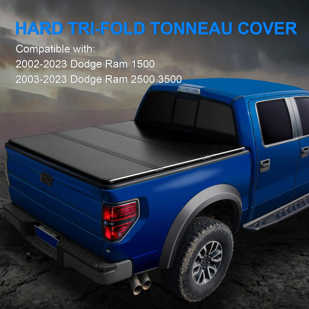 6.4Ft Hard Tri-Fold Truck Bed Tonneau Cover Compatible with 2002-2023 Dodge Ram 1500, 2003-2023 Dodge Ram 2500HD/3500HD