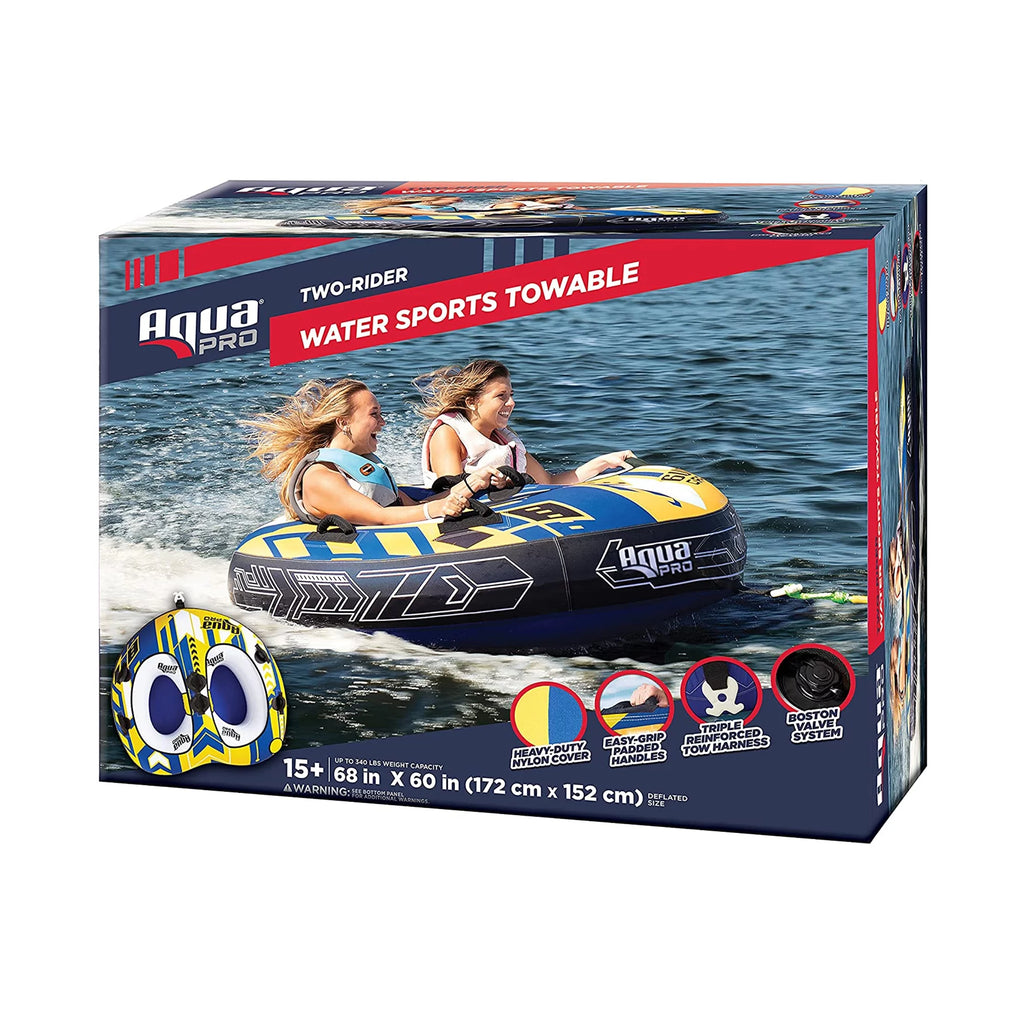 AquaPro Heavy Duty Nylon Deck Style Towable 2 Person Rider, Yellow & Blue