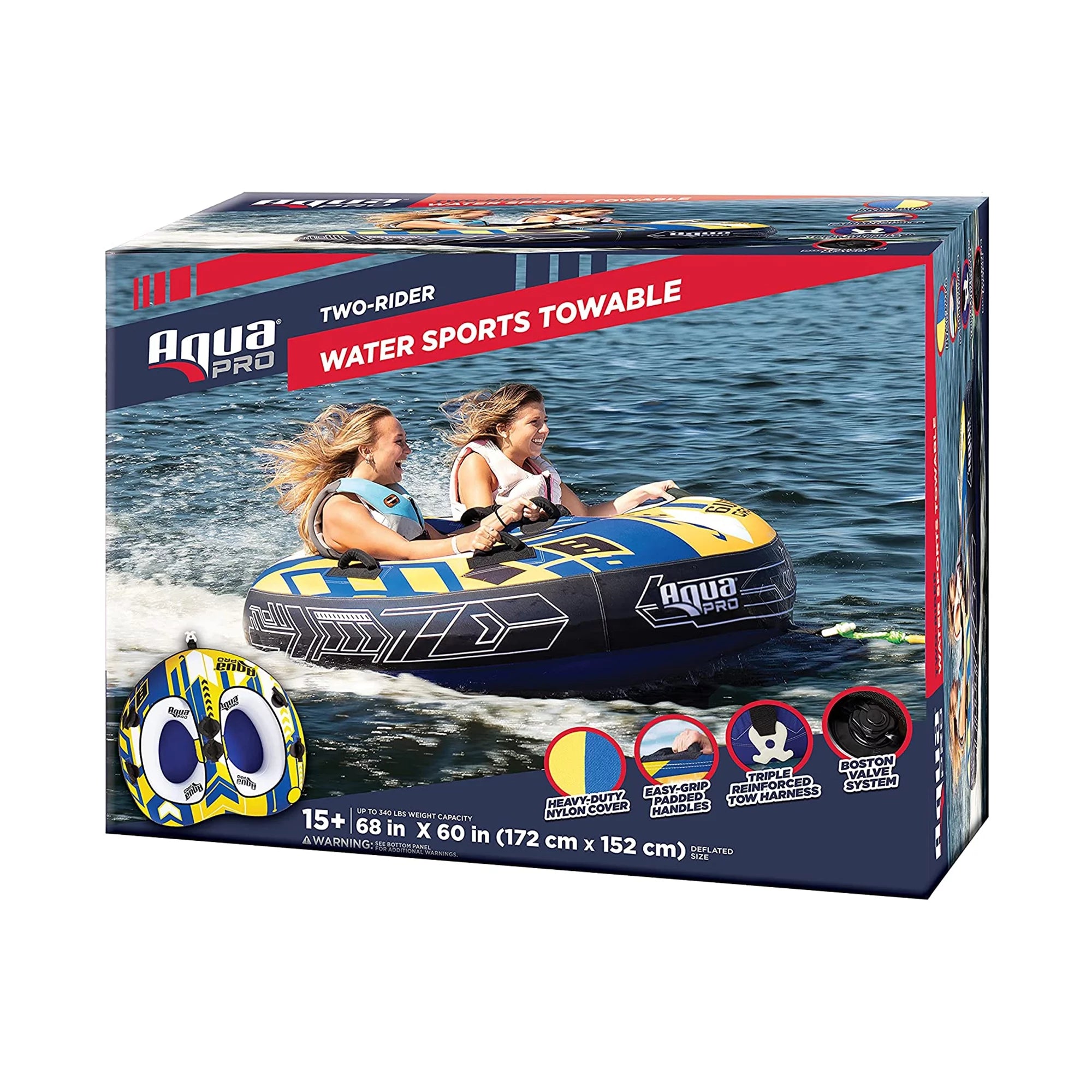 AquaPro Heavy Duty Nylon Deck Style Towable 2 Person Rider, Yellow & Blue