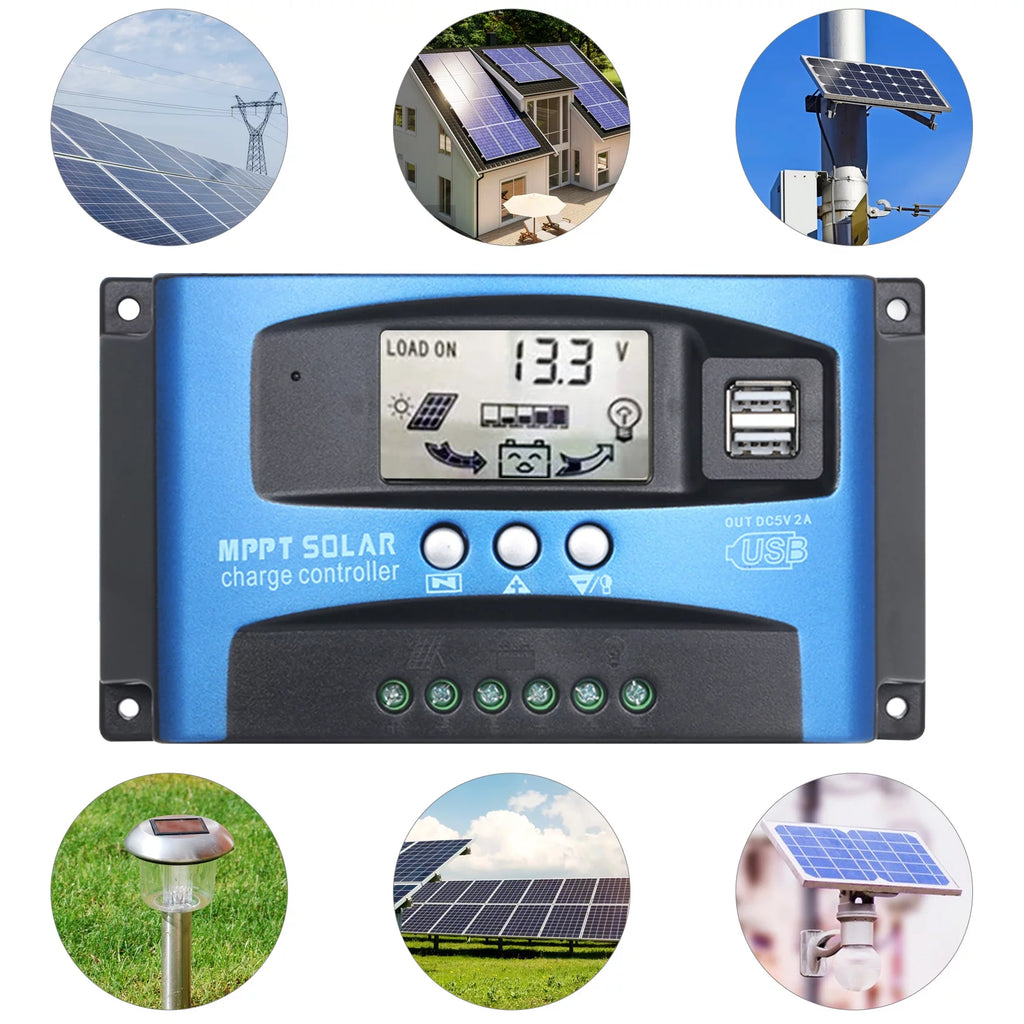 Htovila 30A-100A Solar Charge Controller Solar Panel Charge Controller Dual USB Charge Regulator Intelligent Adjustable Parameter LCD Display