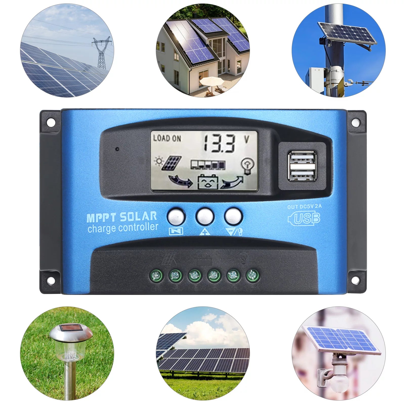 Htovila 30A-100A Solar Charge Controller Solar Panel Charge Controller Dual USB Charge Regulator Intelligent Adjustable Parameter LCD Display