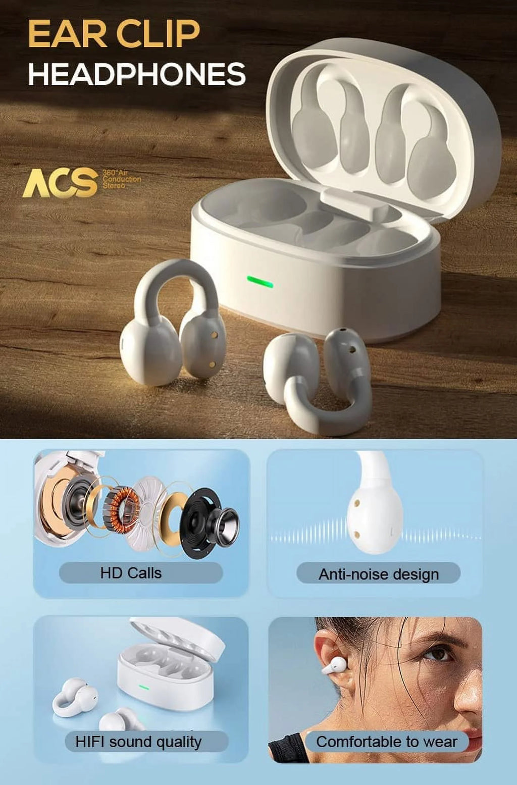 Wireless Ear-Clip TWS Bluetooth Earphones for Google Pixel 8/Pro Phones - Bluetooth Earbuds True Stereo Charging Case Hands-free Mic Headset compatible with Google Pixel 8/Pro