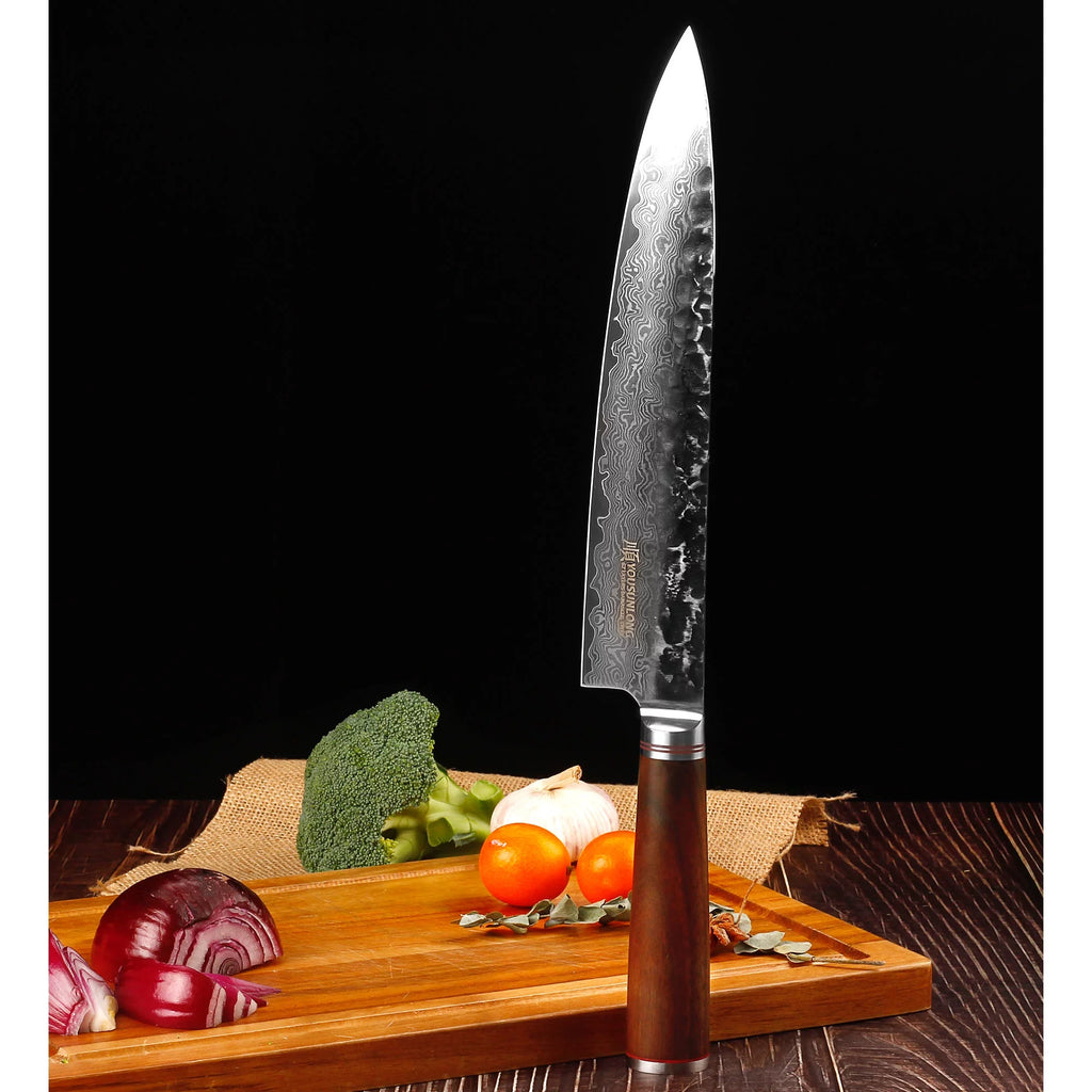 YOUSUNLONG Chef Knife 12 inch - Pro Gyuto Japanese Hammered Damascus Metal Natural Walnut Wooden Handle with Leather Sheath