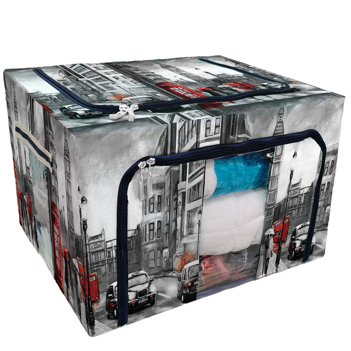 ECZJNT london Big ben red umbrella bus road telephone car England Storage Bag Clear Window Storage Bins Boxes Large Capacity Foldable Stackable Organizer With Metal Metal Frame For Clothes,Closets
