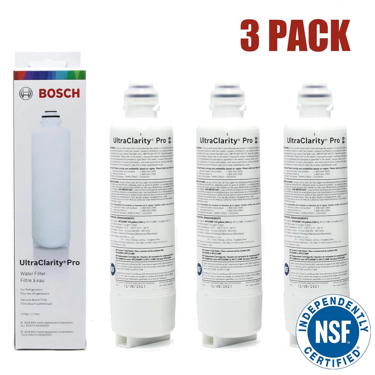 Bosch UltraClarity Pro Water Filter, BORPLFTR50,BORPLFTR55, RA450022, REPLFLTR55 Replacement/Compatible Pack of 3