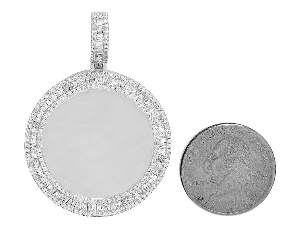 White Gold Memory Frame Baguette Diamond Photo Engrave Pendant 2" 2.2CT