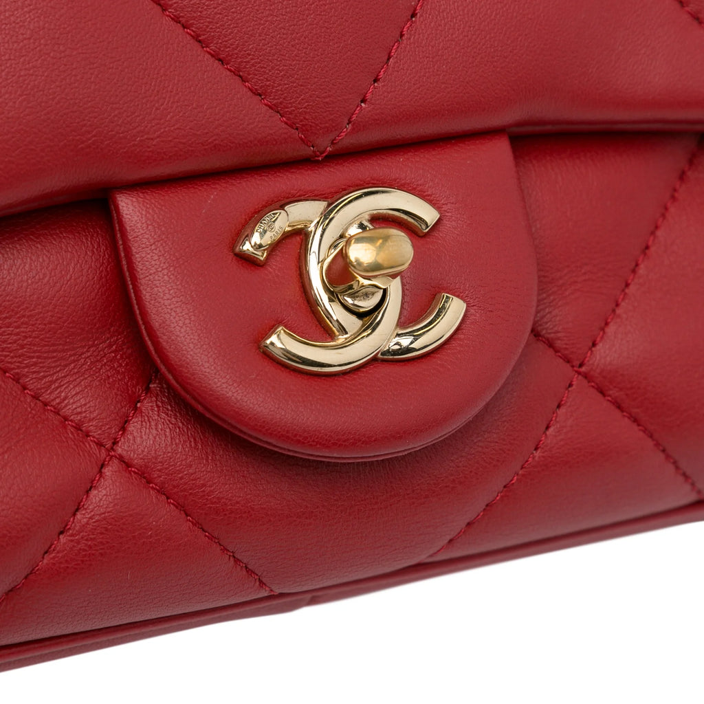 Previously Owned Authenticated Chanel Small Easy Carry Flap Bag Lambskin Leather Red Satchel Unisex (Good)