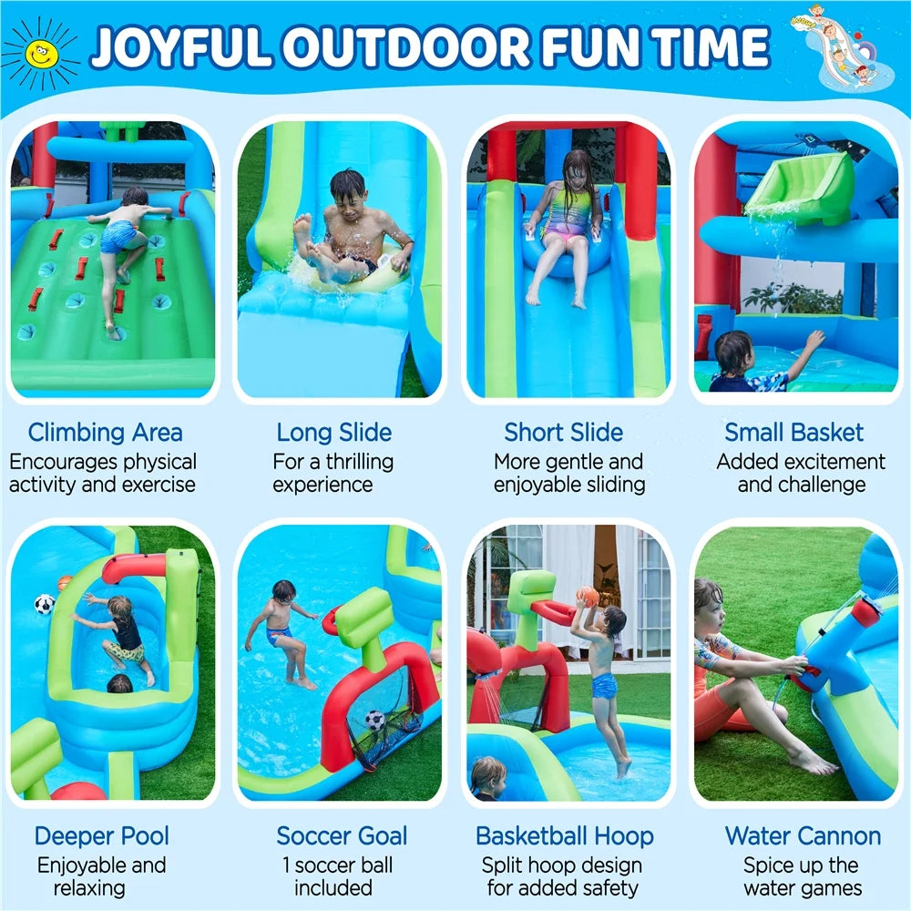 Alden Design Double Lane Inflatable Water Slide for Kids Aged 3 To 10 with Basketball Hoop & Climbing Wall, Green