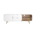 Mueble de TV moderno con acabados en blanco y madera, diseño minimalista.