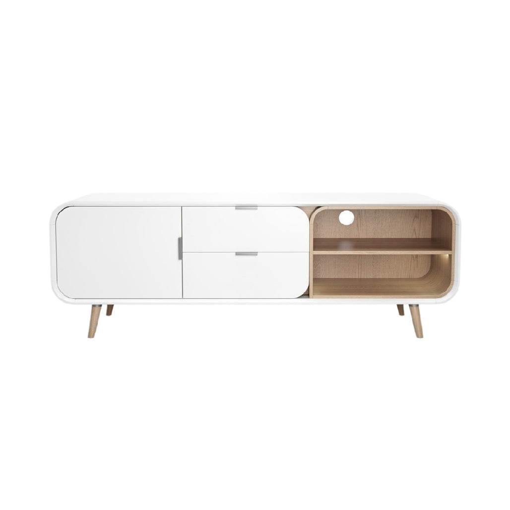 Mueble de TV moderno con acabados en blanco y madera, diseño minimalista.
